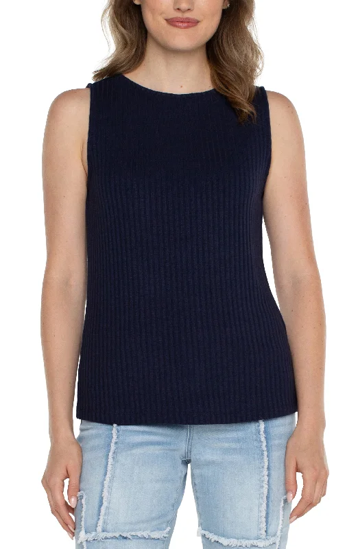 Liverpool Sleeveless Boat Neck Rib Knit Top (Dark Navy) Premium Knit Blouse