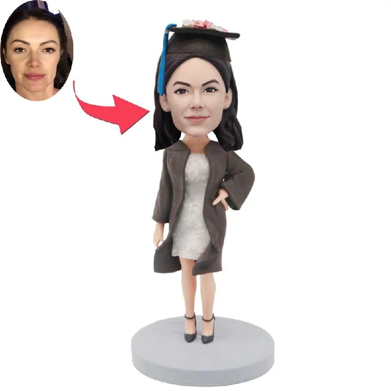 Custom Elegant Female Graduation Bobbleheads In Brown Coat And White Skirt Elasticated Drawstring Belted