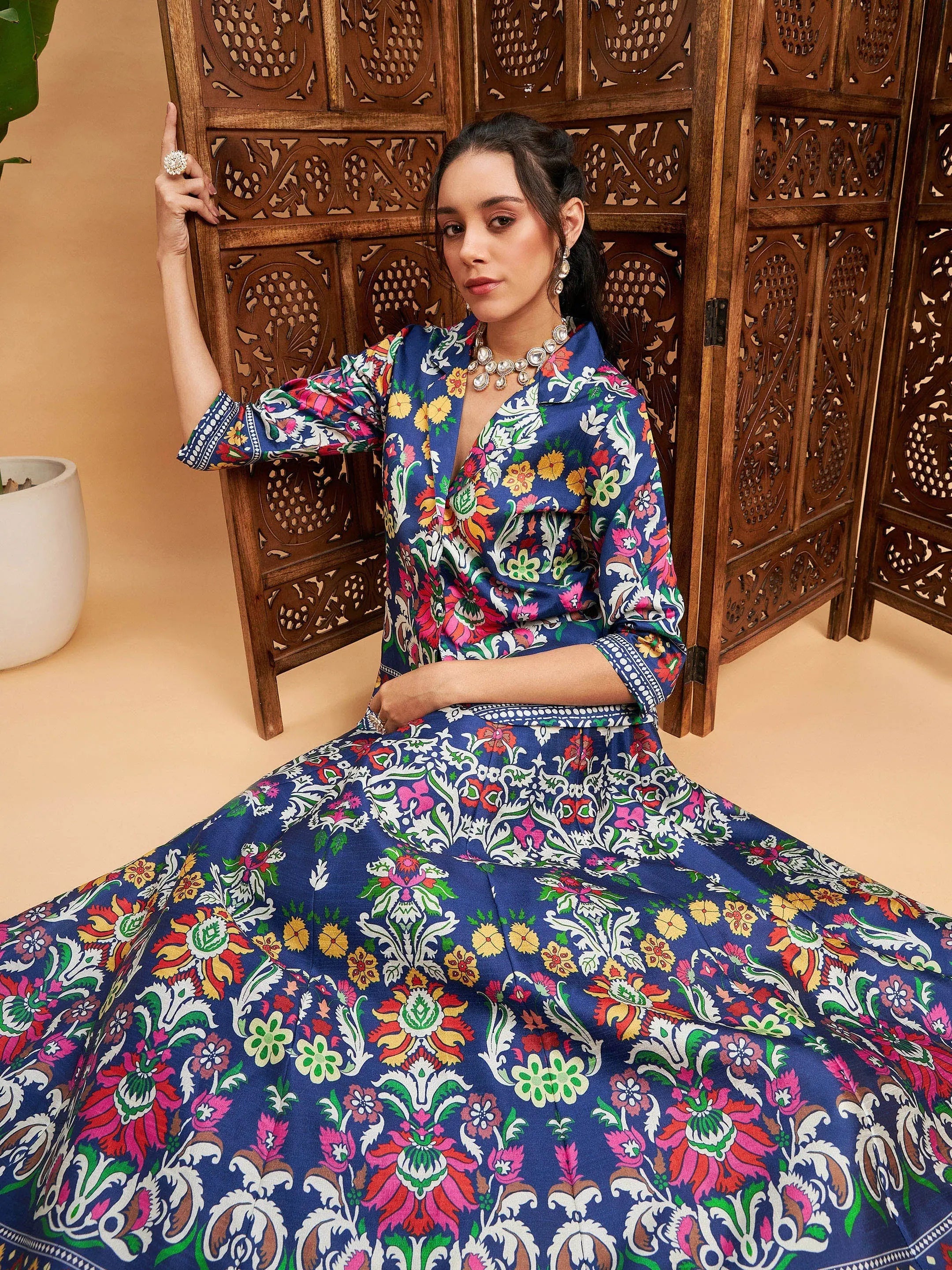 Women Navy Floral Anarkali Skirt With Blazer Women's Custom Jacket