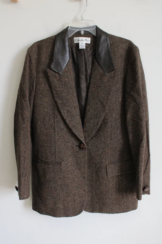 Christion Dior Vintage Leather Detail Wool Brown Blazer | 12 Women's Fashion Blazer