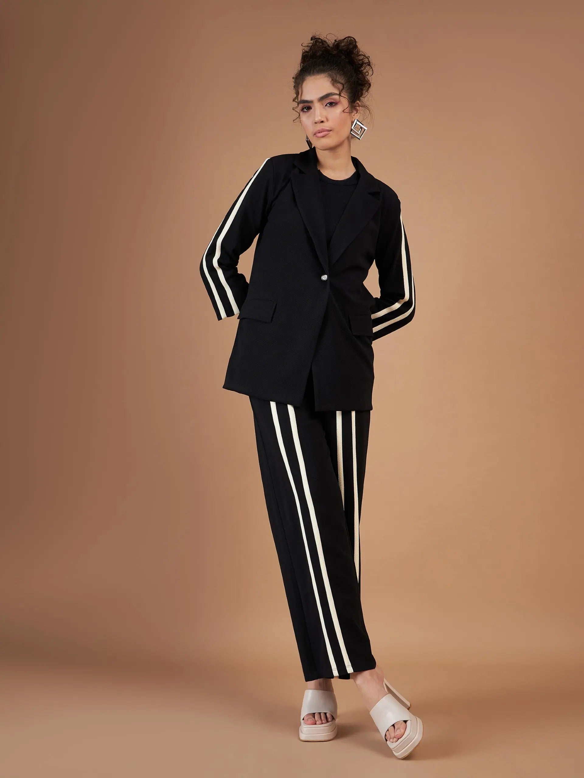 Women Black Contrast Tape Blazer With Straight Pants Women's Adventure Blazer