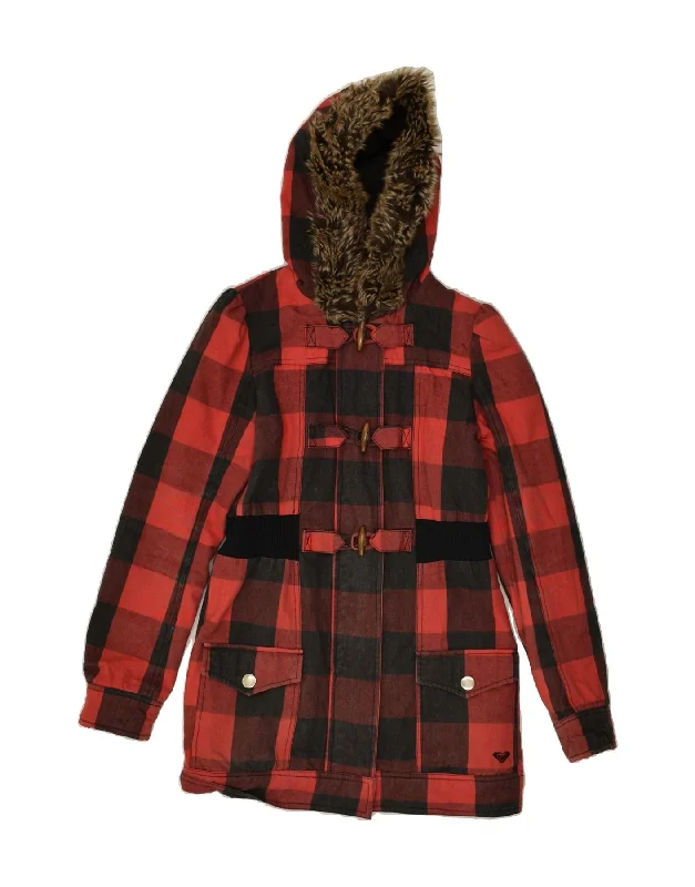 ROXY Womens Hooded Padded Duffle Coat UK 10 Small Red Check Cotton Cotton Linen Terry ROXY Womens Hooded Padded Duffle Coat UK 10 Small Red Check Cotton Cotton Linen Terry