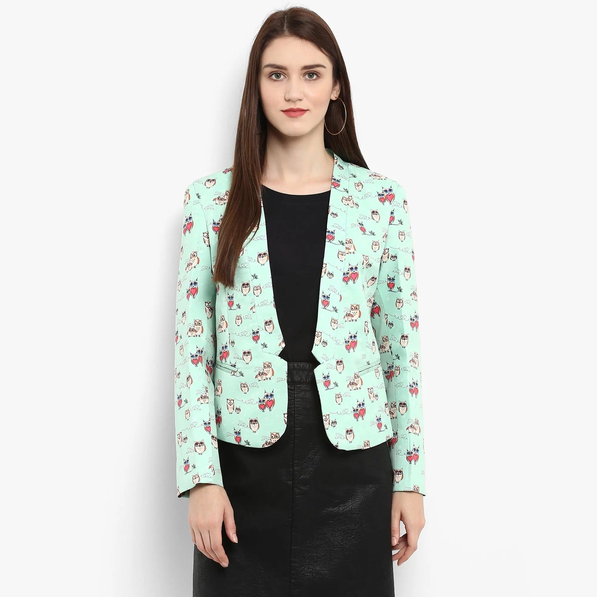 Green Allover Owl Print Blazer Women's High-End Blazer