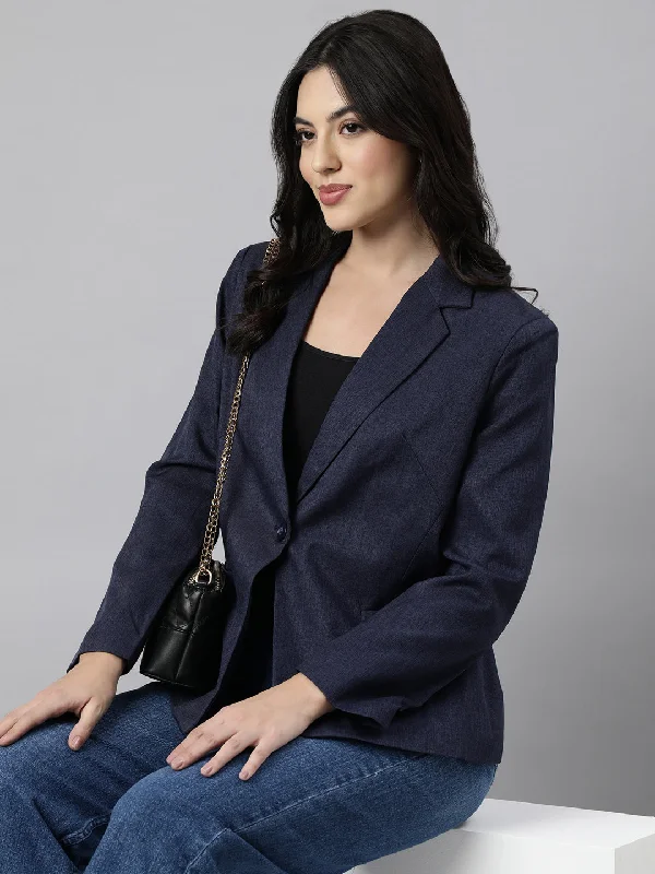 Women Navy Blue Single-Breasted Blazer-8906-Navyblue Women's Formal Blazer