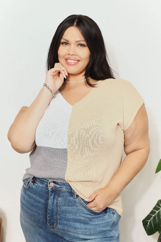 Double Take Color Block V-Neck Knit Top Business Knit Top