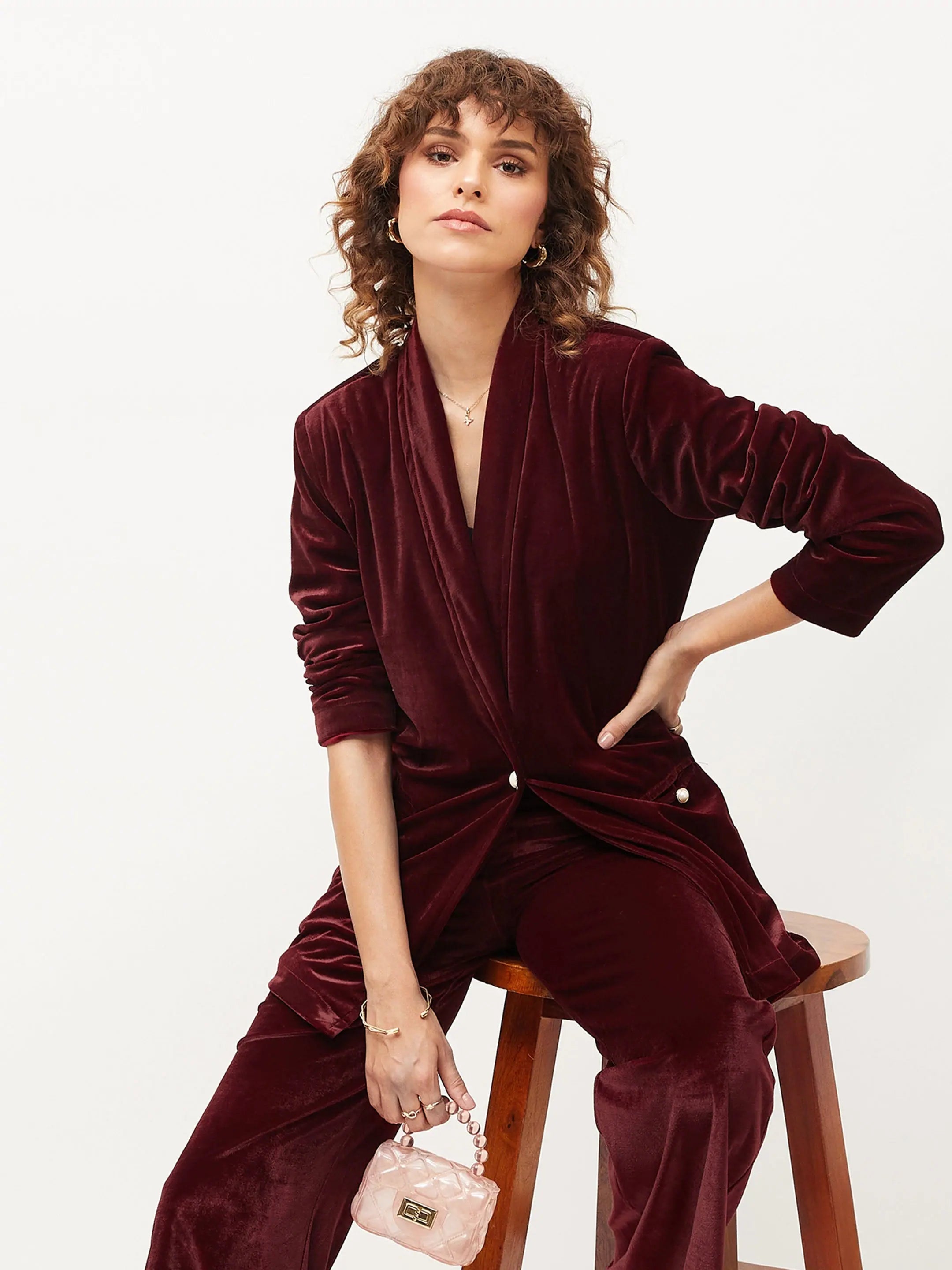 Women Maroon Velvet Shawl Collar Blazer Women's Luxurious Jacket