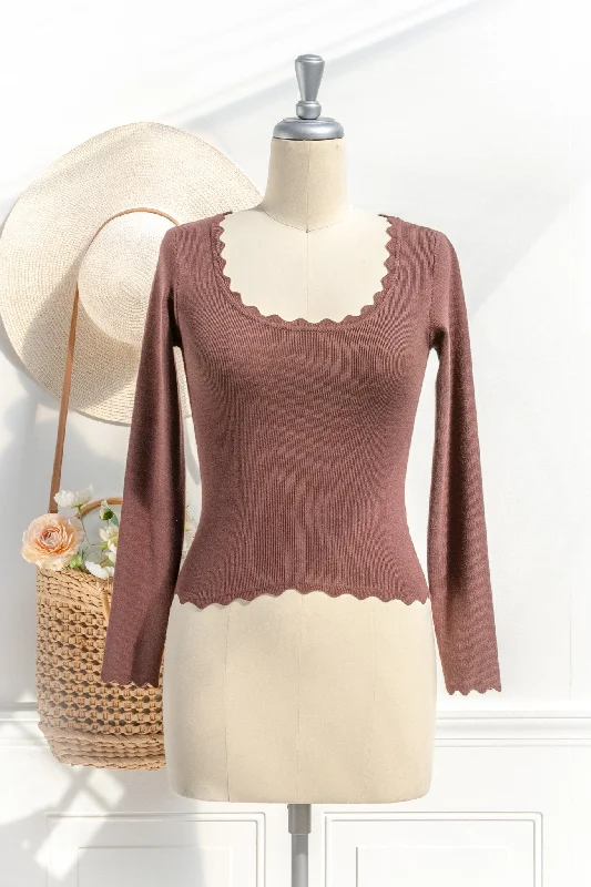 Layla Scalloped Knit Top - Brown Metallic Knit Tee