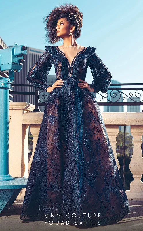 MNM Couture 2522 A Line Long SleevePleated Floral Applique Formal Dress