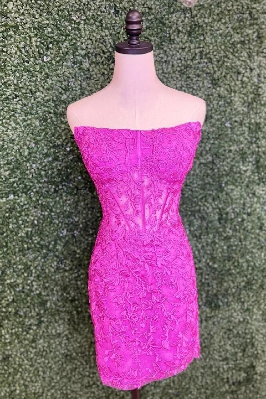Fuchsia Strapless Sheath Appliques Homecoming Dress