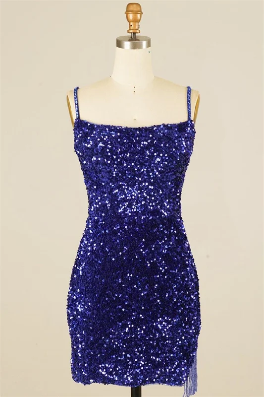 Royal Blue Sequins Lace-Up Sheath Homecoming Dress with Tassels