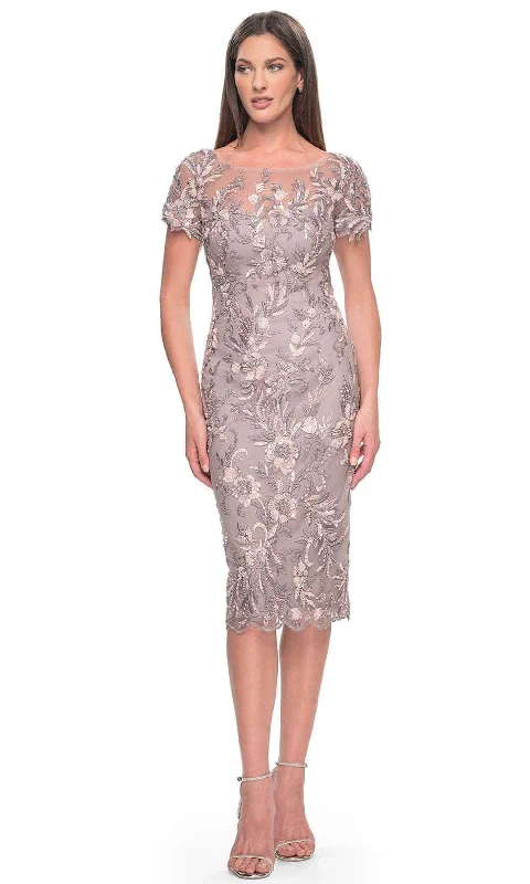 La Femme 31775 - Knee-Length Floral Lace Applique Dress with Short Sleeves