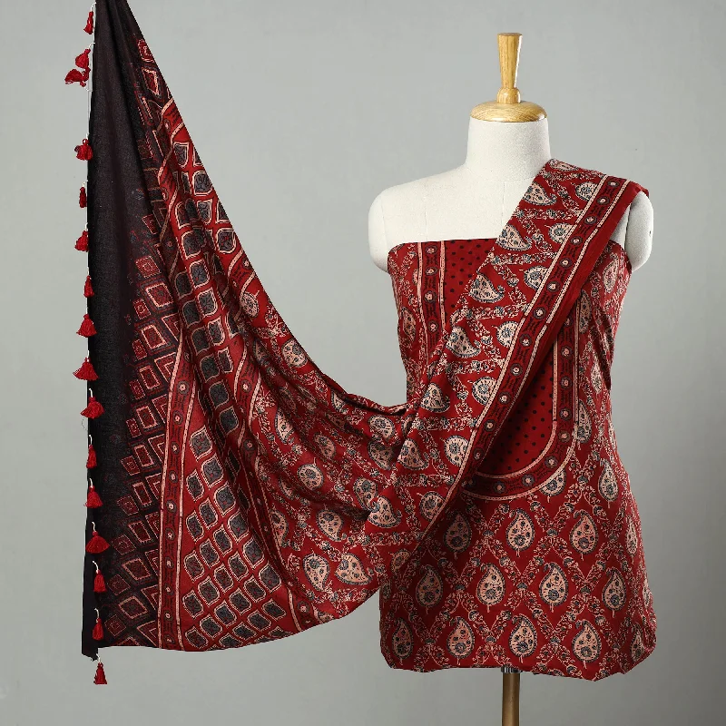 Red - Hand Block Print Cotton 3pc Ajrakh Dress Material 20