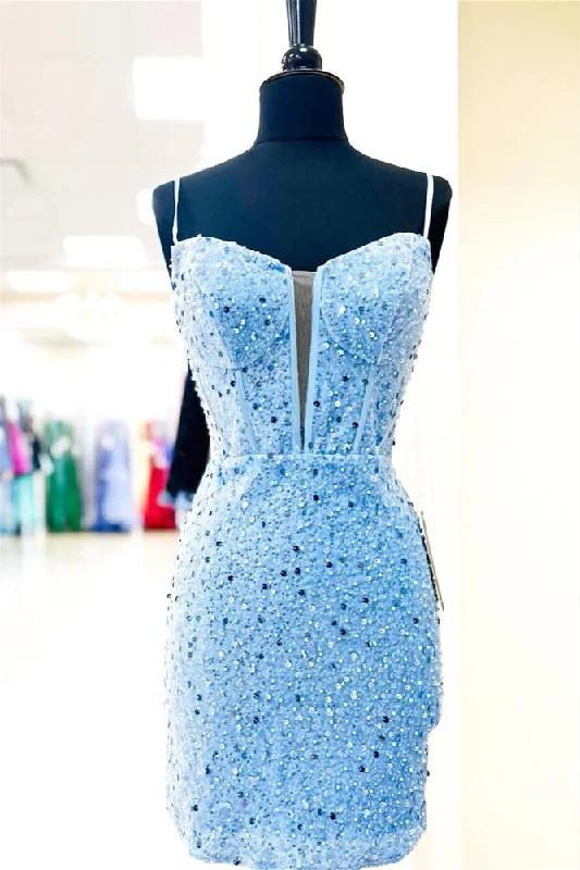 Straps Blue Sequins Bodycon Homecoming Dress