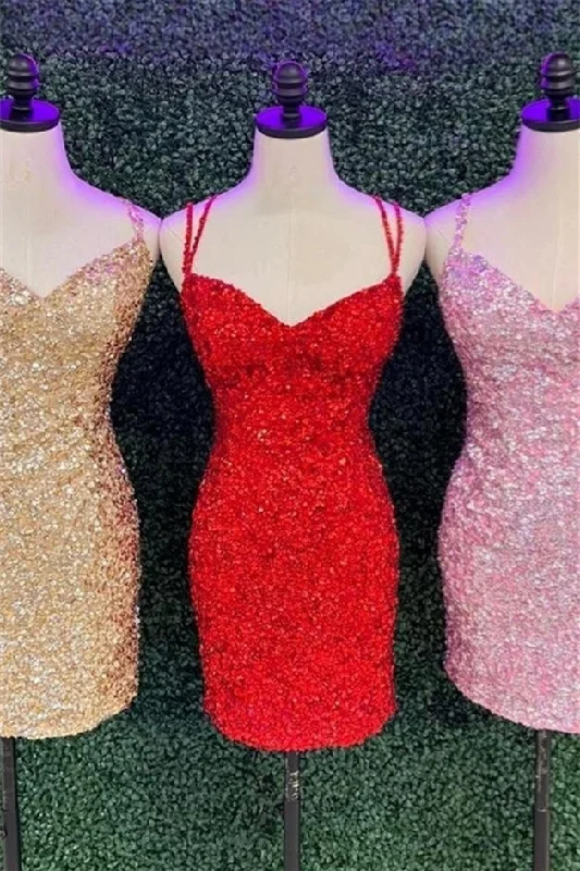 Red Straps Sequins Sheath Homecoming Dress