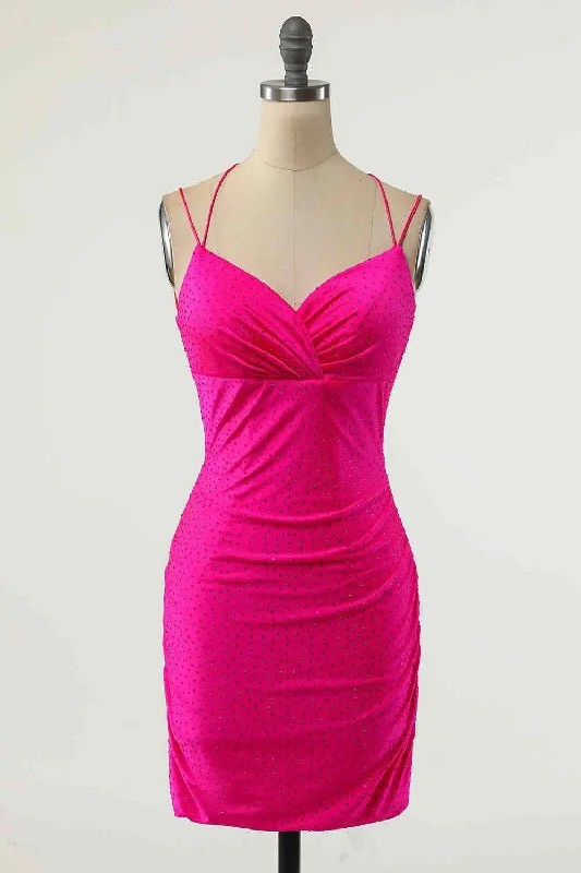 Fuchsia Sheath Double Straps Crossed Back Beaded Mini Homecoming Dress