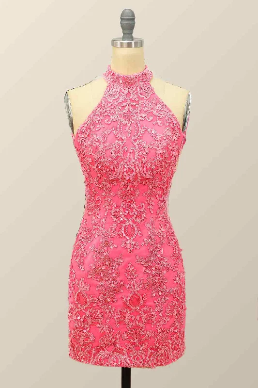 Pink Sheath Halter Sequin-Embroidered Cut-Out Mini Homecoming Dress