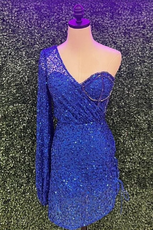 Royal Blue One Shoulder Long Sleeve Sequins Sheath Homecoming Dress