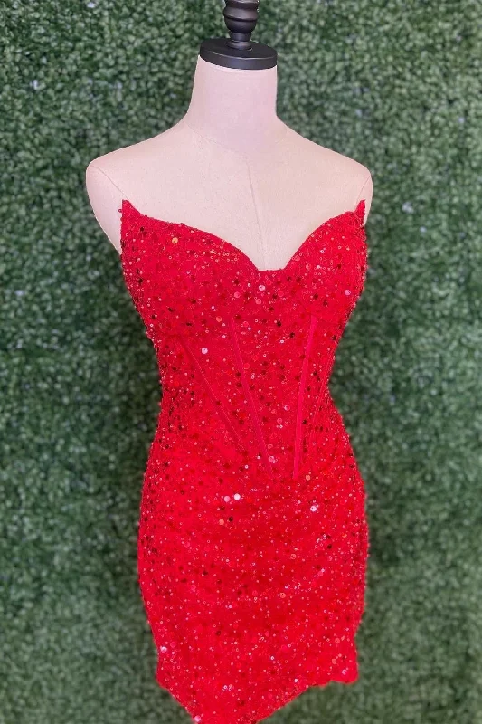 Red Strapless Sheath Sequins Homecoming Dress