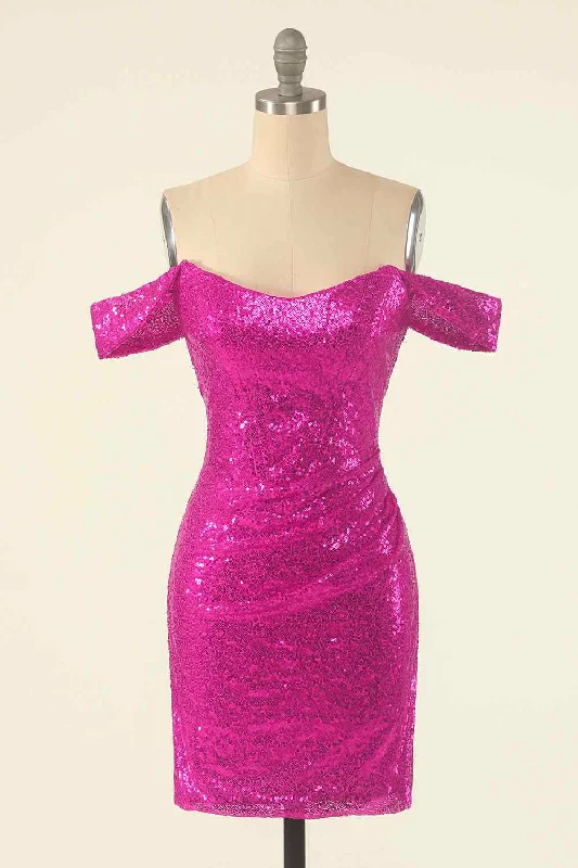 Fuchsia Sheath Off-the-Shoulder Pleated Sequins Mini Homecoming Dress
