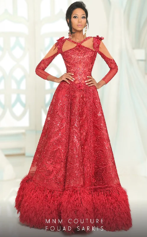 MNM Couture 2523 Fringe A Line Long Sleeve Evening Formal Dress