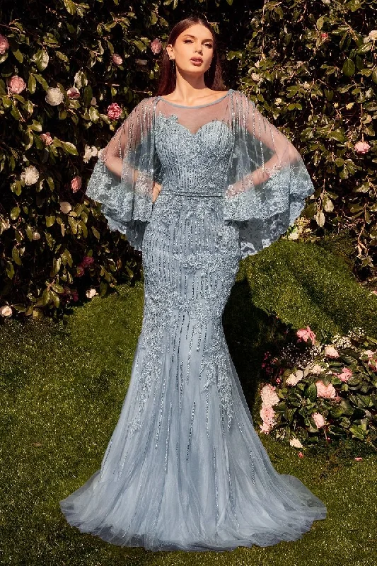 Andrea & Leo MA105 Long Formal Fitted Lace Capelet Evening Dress