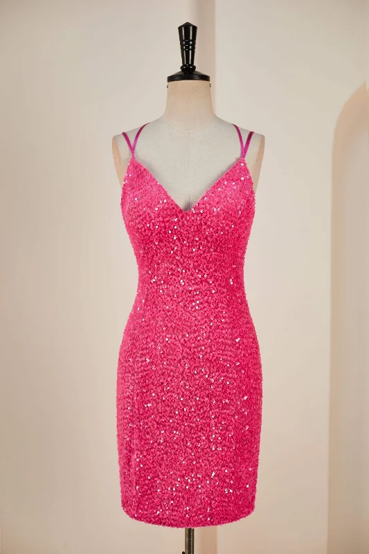 Hot Pink Sequins Sheath Deep V Neck Lace-Up Homecoming Dress