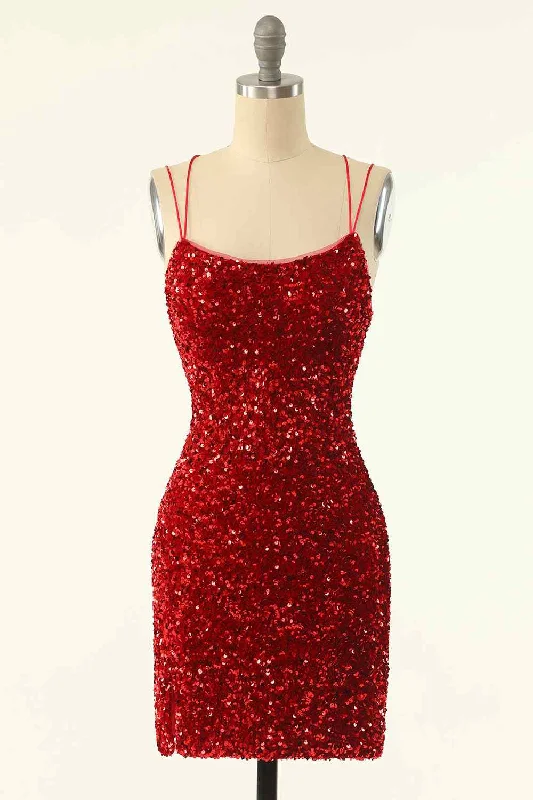 Red Sheath Double Straps Lace-Up Back Sequins Mini Homecoming Dress