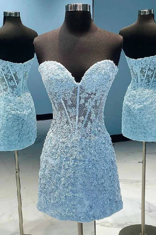 Strapless Blue Applique Short Homecoming Dress