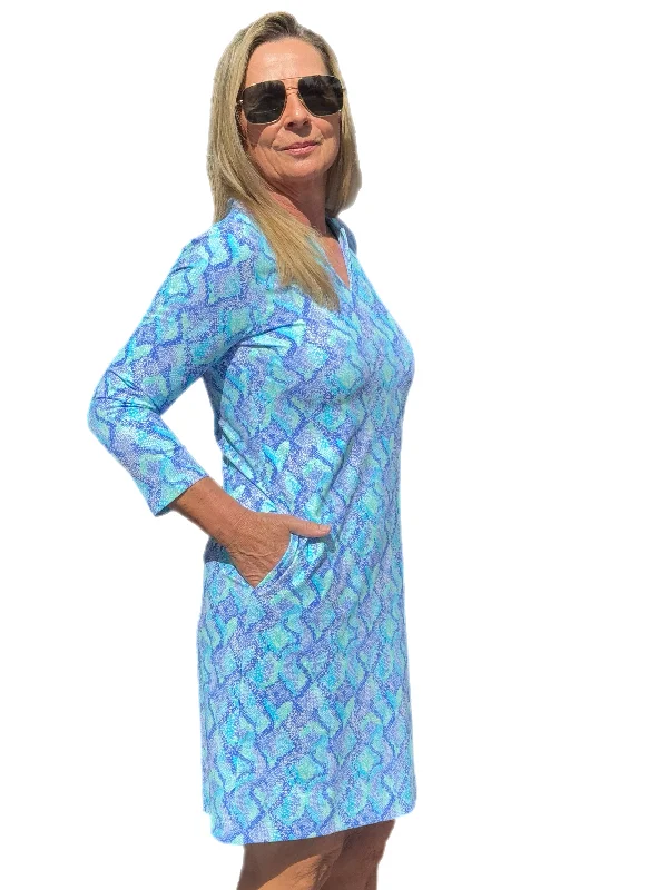 Notched V-Neck Travel Dress with UPF50+ Seafoam Python