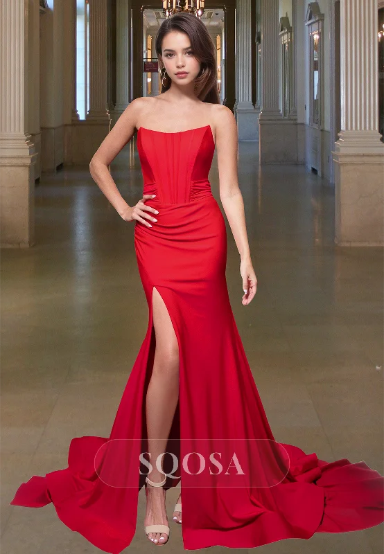 Scoop-Neck Off-Shoulder Sleeveless Mermaid Prom Dress Pleated Satin High Slit Evening Gowns