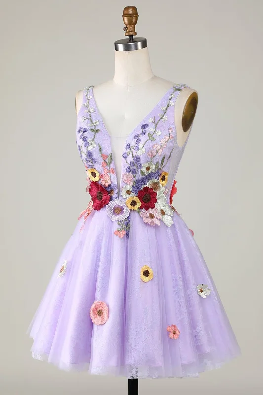 Lavender Tulle Spaghetti Strap Floral Lace-Up Homecoming Dress