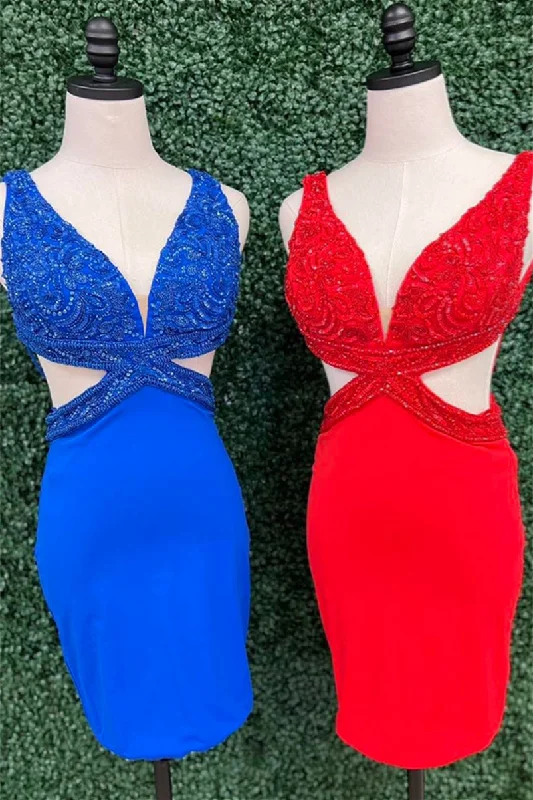 Royal Blue Sheath Sequined Deep V Neck Satin Homecoming Dress