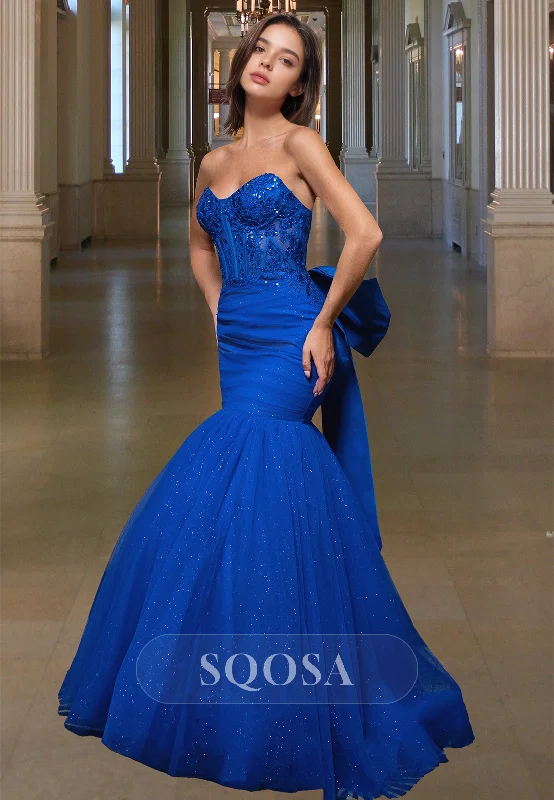 Off-Shoulder Sleeveless Beaded Applique Formal Gowns Sweetheart Sequined Pleated Meramid Prom Dress