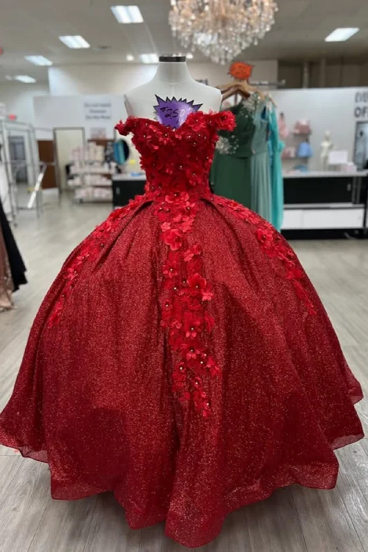 Shiny Red Off the Shoulder Floral Long Prom Dresses, Red Formal Evening Dresses, Ball Gown with 3D Flowers WT1591 Shiny Red Off the Shoulder Floral Long Prom Dresses, Red Formal Evening Dresses, Ball Gown with 3D Flowers WT1591