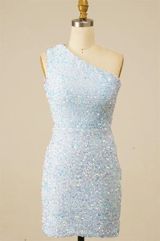 Light Blue Sheath Lace-Up One Shoulder Sequins Homecoming Dress