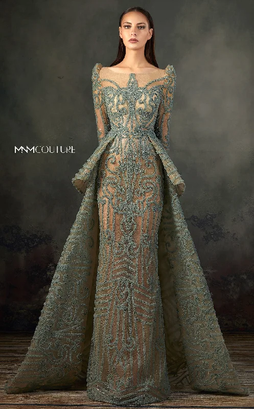 MNM Couture K3715 Long Sleeve Formal Peplum Detachable Overskirt Evening Dress