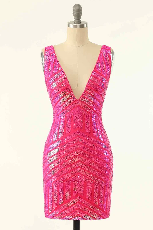 Hot Pink Sheath V Neck Sequin-Embroidered Mini Homecoming Dress