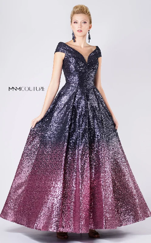 MNM Couture M0009 Pleated A Line Long Formal Ombre Sequin Prom Dress