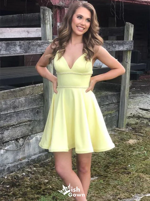 Elegant Yellow Spaghetti Strap Ball Gown Square Popular Cheap Short Homecoming Dresses, EPT289 Elegant Yellow Spaghetti Strap Ball Gown Square Popular Cheap Short Homecoming Dresses, EPT289
