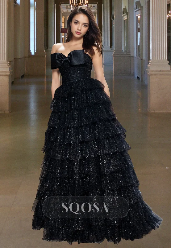 Bow Sweetheart Off-Shoulder Sleeveless Party Gowns Sequined Glitter-Knit Tiered A-Line Prom Dress