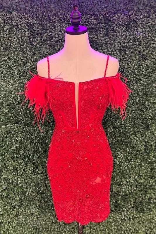 Red Off-the-Shoulder Sequined Embroidery Sheath Homecoming Dress with Feathers