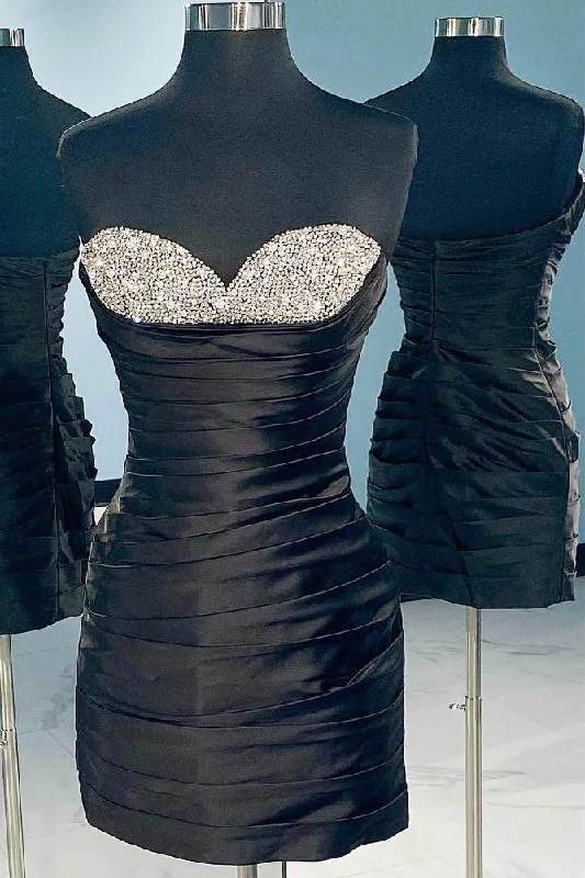 Strapless Black Beaded Pleated Homecoming Dress