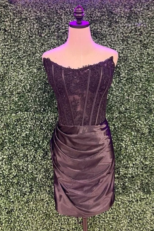 Black Strapless Appliques Sheath Satin Homecoming Dress