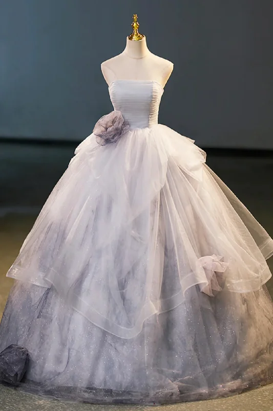 Shiny Tulle Gray Strapless Long Prom Dresses with Flowers, Gray Tulle Formal Evening Dresses, Ball Gown WT1588