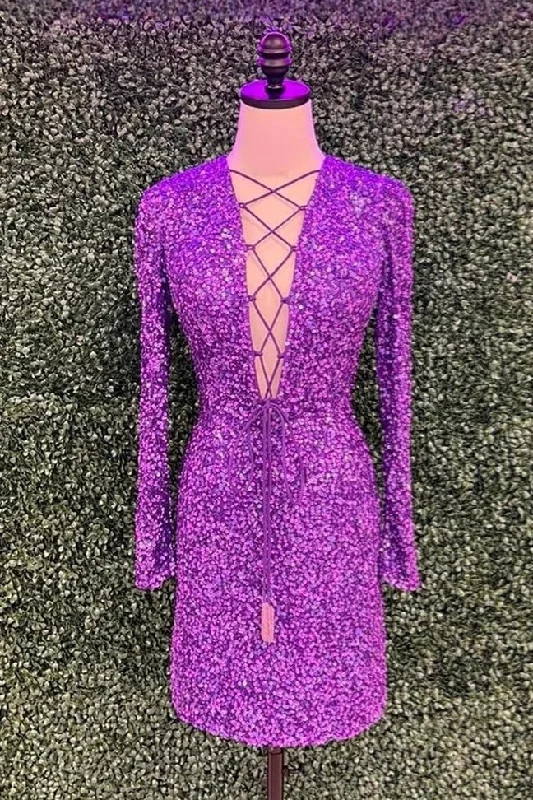 Grape Sequins Long Sleeves Sheath Plunging V Lace-Up Homecoming Dress