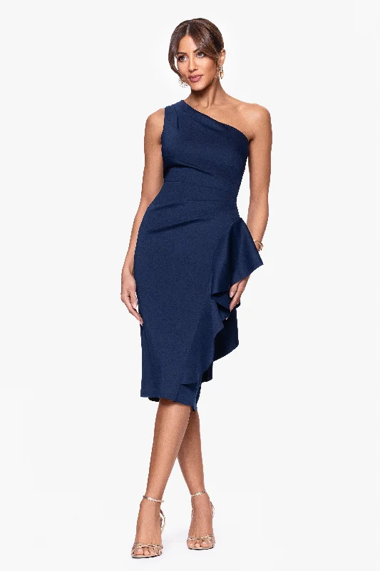 "Carrie" Techno Scuba One Shoulder Knee Length Ruffle Dress