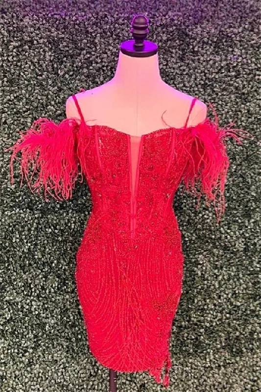 Red Off-the-Shoulder Sequined Sheath Homecoming Dress with Feathers