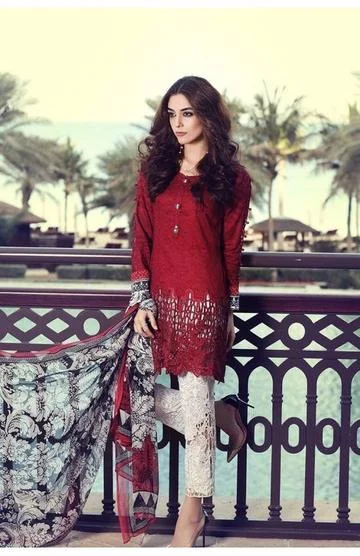 Maroon Blue Jaal Work Lawn Dress with Chifoon Dupatta - L92