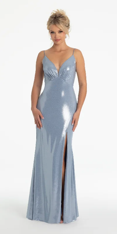 Metallic Plunge Knot Back Column Dress with Side Slit
