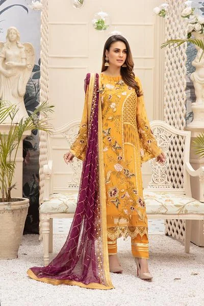 Latest embroidered Pakistani chiffon eid dress online in mustard color # E2216